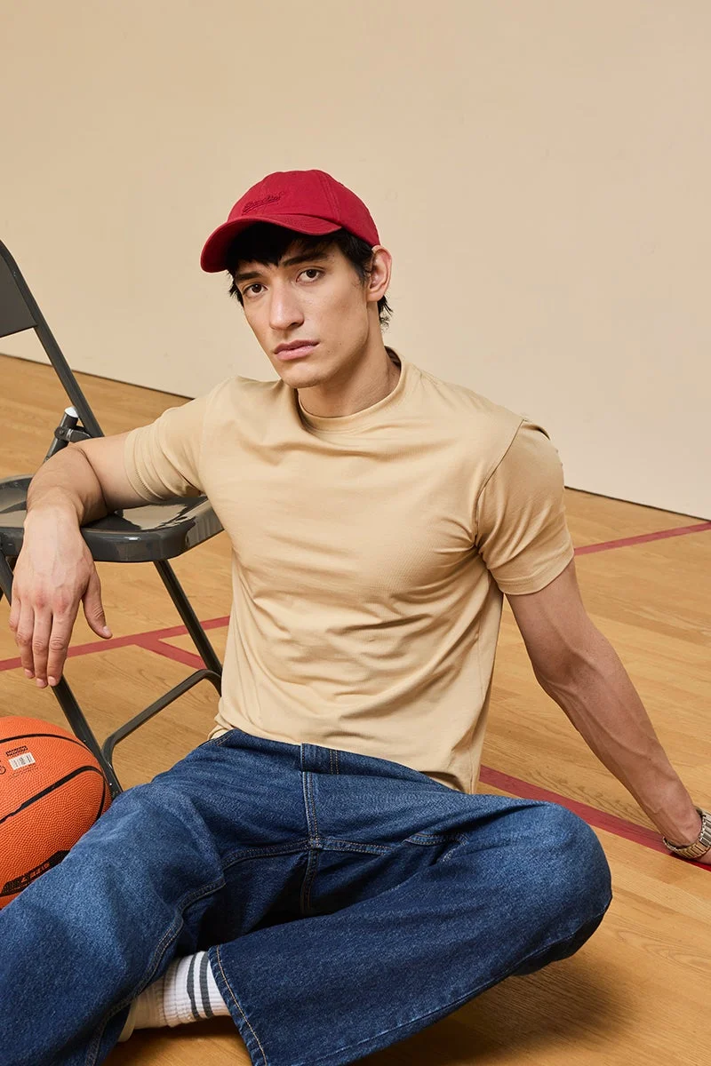 SNITCH Core Lab Beige Solid Slim Fit T-Shirt